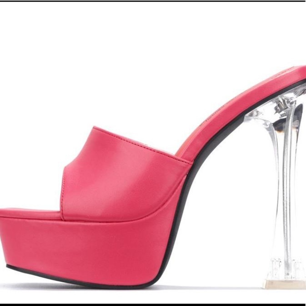 Bubblegum Pink Open Toe Chunky Platform Vegan Leather Heeled Mule Sandals - Picture 2 of 3